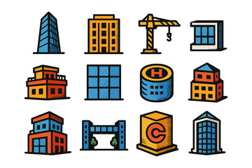 Colorful urban building icons collection featuring modern geometric designs