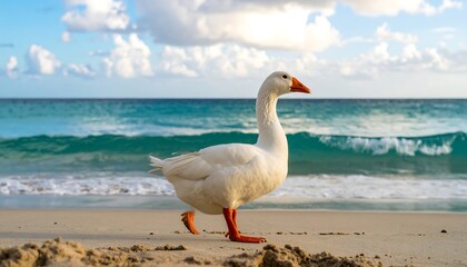 Fototapeta premium White goose on sandy beach, ocean background