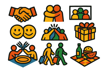 Colorful hand-drawn symbols of friendship and celebration