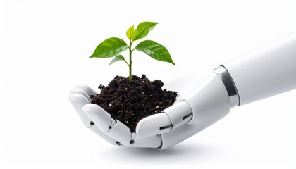 A futuristic robotic hand gently holds a small green plant growing in soil, symbolizing the harmony between technology and nature white background