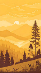 Fototapeta premium A vibrant yellow and orange sunset over layered mountains and pine forests in a stylized landscape sunrise Full HD 4K Video Download 2025 2026