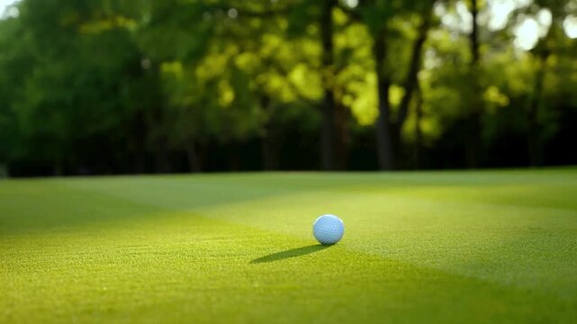 A golf ball resting on a vibrant green golf course with trees behind it