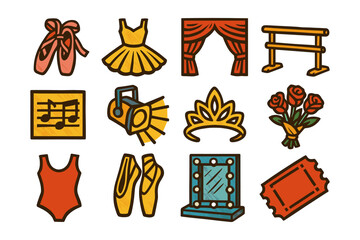 Colorful ballet and theater icons featuring dance shoes, costumes, and stage props
