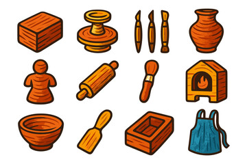 Handcrafted pottery and woodworking tools set in vintage style