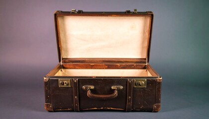 Antique Brown Leather Suitcase Open Empty on Gray Background