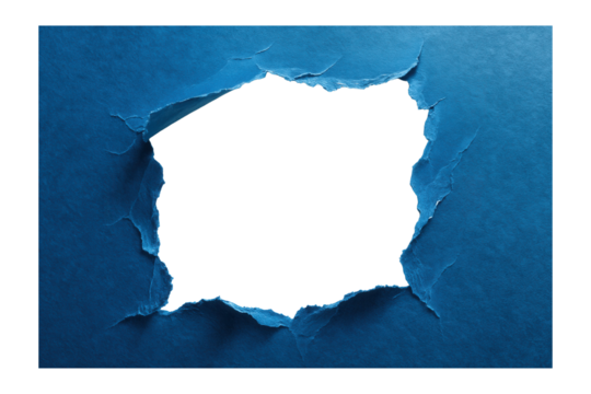Torn vibrant blue paper revealing white space.