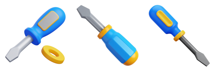 Three Screwdrivers with Blue Handles Yellow Accents and Silver Blades on Transparent Background