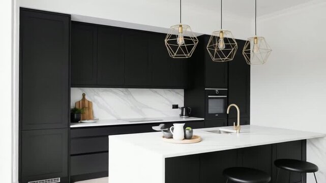 Showcasing Elegant, Modern Kitchen Interior with Black Cabinets and Marble Countertops