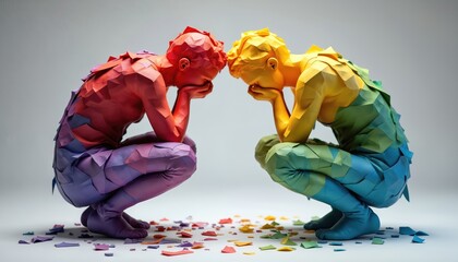 Colorful paper sculpture two figures in state of emotional distress, mental health awareness, bipolar disorder. Fragmented paper pieces represent brokenness, with colors transitioning from red to