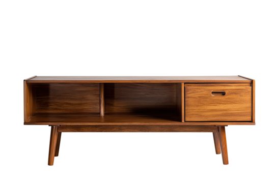 Mid-century modern wooden TV stand with open compartments and a drawer.  Solid wood construction