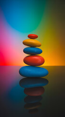 Obraz premium Stacked Colorful Zen Stones with Rainbow Gradient Background