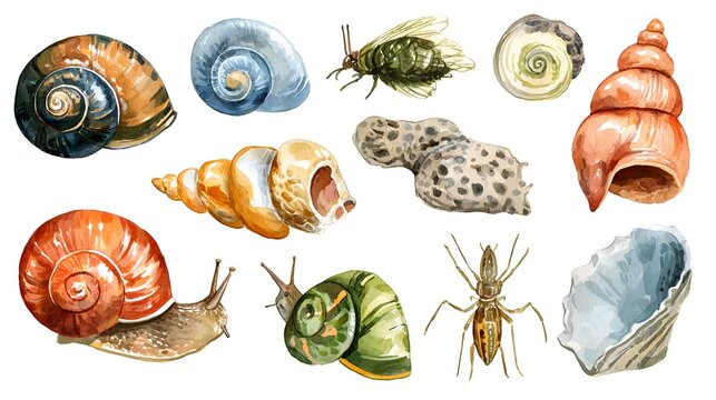 Hand drawn watercolor aquarium snail shell sealife, ramhorn melania. Marine exotic underwater illustration. Isolated object on white background. Design shops, brochure, print, card, wall art, textile