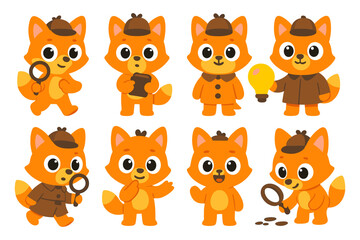 Obraz premium Cute detective fox characters in various poses and outfits