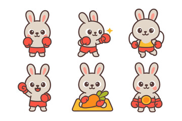 Cute boxing bunny characters in kawaii style with carrots and gloves