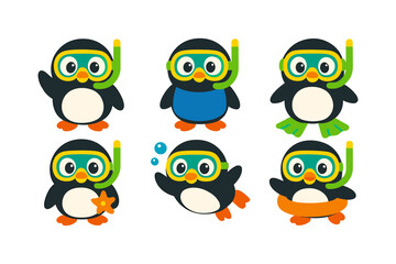 Cute penguins in snorkeling gear set with colorful masks and fins