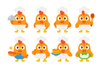Fototapeta premium Cute cartoon chef chickens in cooking attire set with various kitchen props