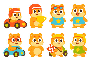 Cute cartoon bears in racing outfits with cars and trophies