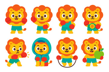 Cheerful cartoon lion engages in sports activities for fitness and fun