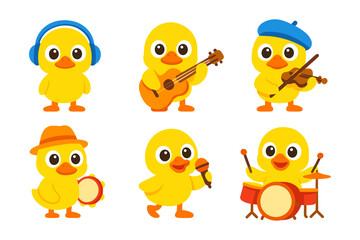 Fototapeta premium Cute cartoon ducks playing musical instruments in a fun and colorful design