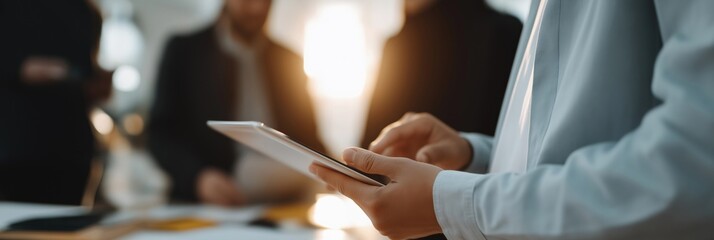 Business meeting with young caucasian male using tablet in modern office