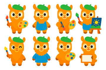Fototapeta premium Adorable cartoon llama characters with art supplies in flat style