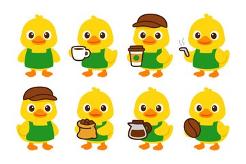 Fototapeta premium Cute cartoon ducks as baristas enjoying coffee and serving with adorable style