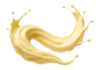 Creamy custard arcing dynamically with elegant splashes and smooth liquid movement.