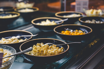 Featuring a colorful assortment of cheeses and chopped fruits elegantly displayed in bowls on a...