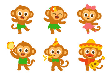 Cute cartoon monkeys in playful outfits and fun poses