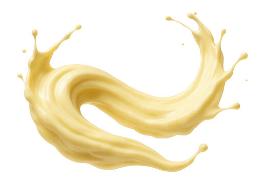 Creamy custard arcing dynamically with elegant splashes and smooth liquid movement.