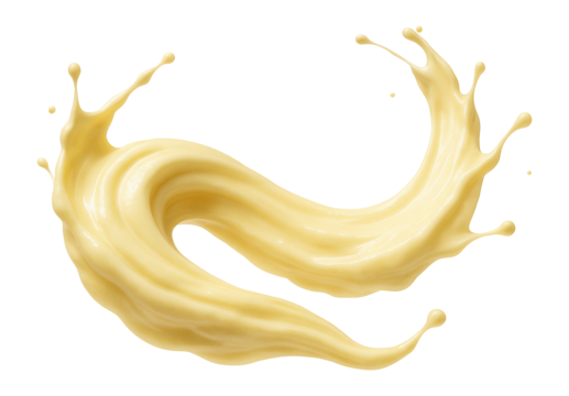 Creamy custard arcing dynamically with elegant splashes and smooth liquid movement.