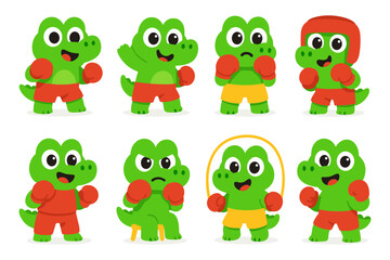 Obraz premium Cartoon crocodile characters in boxing poses with sports attire