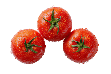 Three ripe, red tomatoes, glistening with water droplets, arranged in a triangular formation against a black background