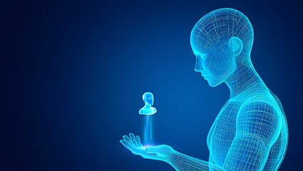 Futuristic digital human figure holding a glowing chess piece in its hand against a dark blue background