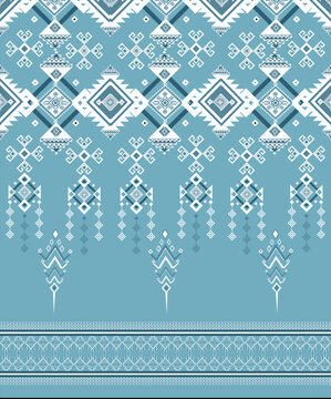 Blue Geometric Thai Textile Background for Decoration, Modern Fabric Pattern for Tablecloth, Carpet, Curtain, Wallpaper and Interior Design.
