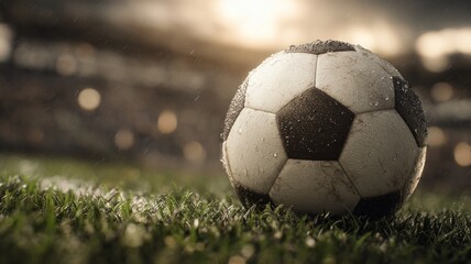 Soccer ball on green field under stadium lights. Neural network AI generated