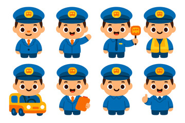 Cartoon train conductor characters displaying various poses and uniform styles