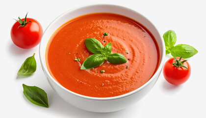 Tasty creamy tomato soup served in a bowl with rich ingredients and copy space for text isolated on white background