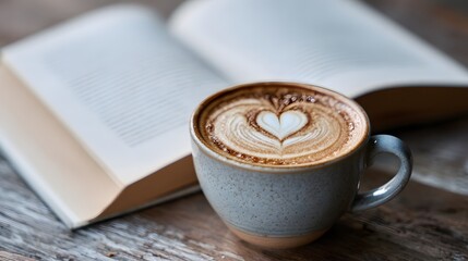 Latte with heart art and an open book on a wooden table.