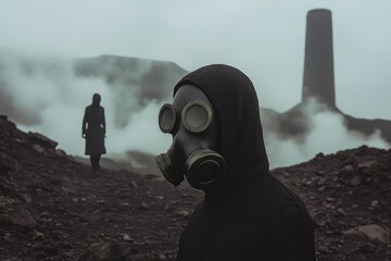 Mysterious Figure in Gas Mask Amidst Foggy Landscape and Ruins