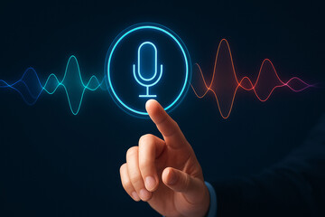 Touching microphone voice recognition ai assistant sound wave audio recording technology concept