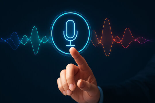 Touching microphone voice recognition ai assistant sound wave audio recording technology concept