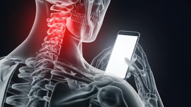 Phone use causing neck pain. Human skeleton with highlighted area. Dark background. Medical or health use