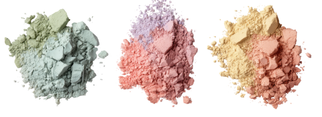 Three piles of crushed, light-toned, cosmetic powder