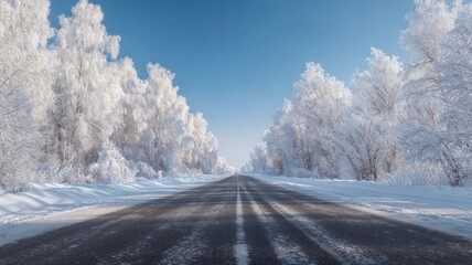 Snowy road and frosty trees under clear blue sky. Neural network AI generated