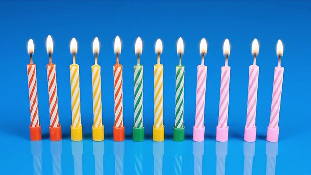Eleven lit colorful birthday candles stand upright on a blue surface their striped patterns and varying colors adding to the celebratory scene
