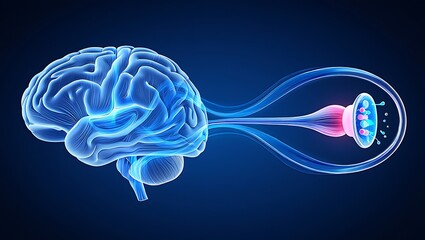 Abstract 3d rendering of a human brain connected to a spinal cord and cerebellum on a dark blue background