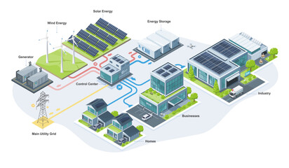 Isometric illustration of a modern clean energy microgrid diagram with solar panels wind turbines and battery storage system for sustainable power management