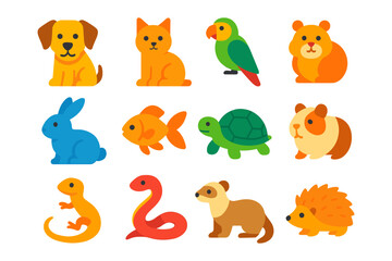 Colorful pet animals in flat design: dog, cat, parrot, rabbit, fish, turtle, hamster, snake, ferret, hedgehog