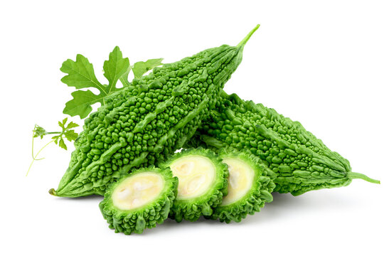 Fresh bitter gourd with slice  isolated on white.